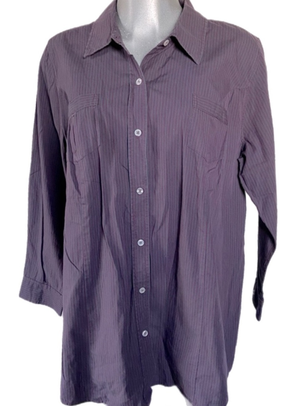 Smart-Casual Pinstriped Business Casual Shirt Long Sleeve Purple Plus Sz 16/18W